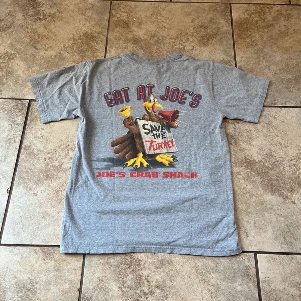 Vintage Y2K Joes Crab Shack Eat At Joes Save The Turkey Graphic T Shirt Grey M